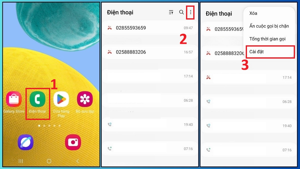 Mở cài đặt cuộc gọi trên Samsung để bắt đầu cách chặn đầu số 028.