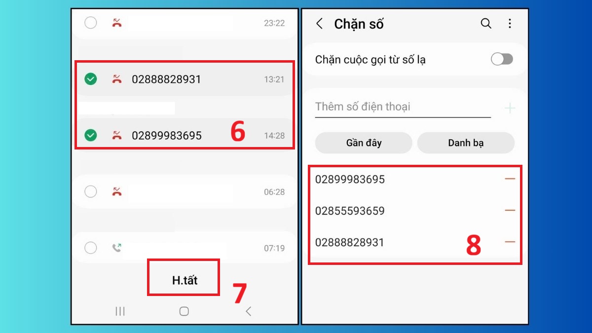 Hoàn tất việc chặn các số máy bàn đầu 028 cụ thể trên thiết bị Samsung.