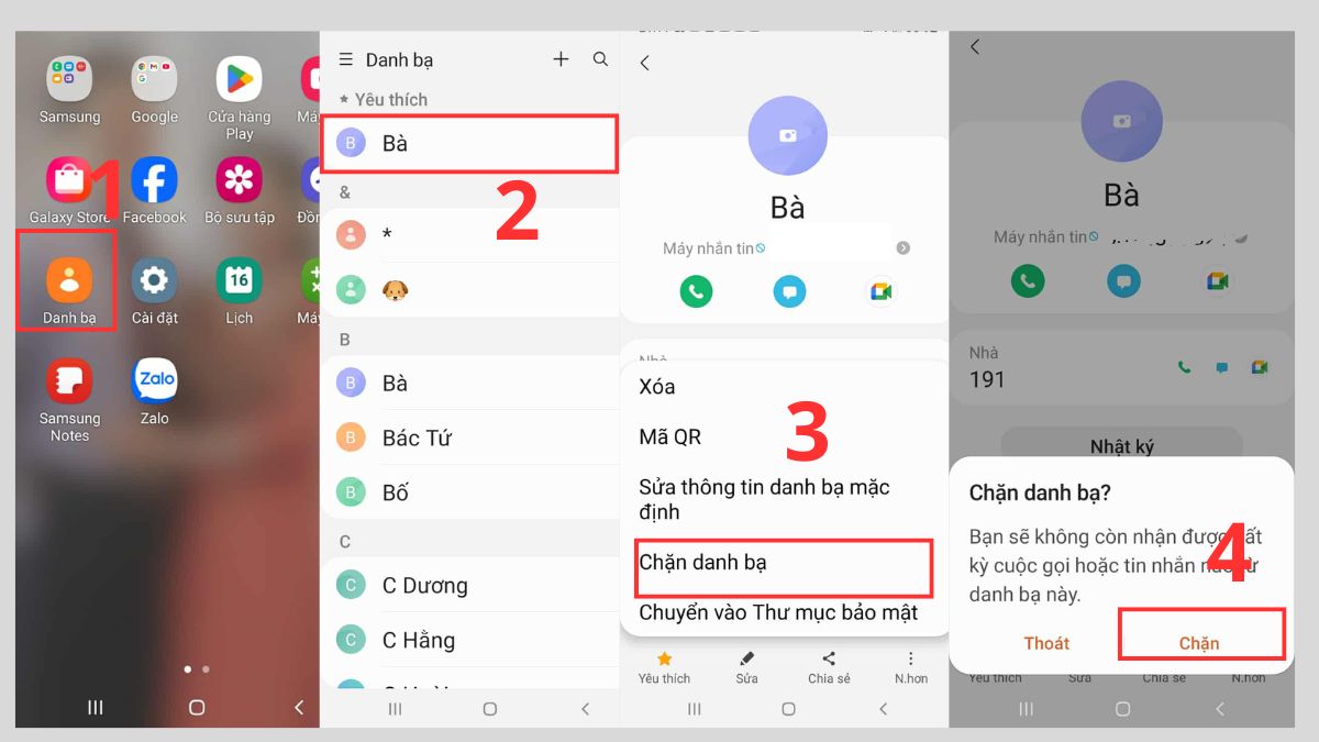 Thao tác chặn số điện thoại trong danh bạ để chặn tin nhắn rác trên samsung.
