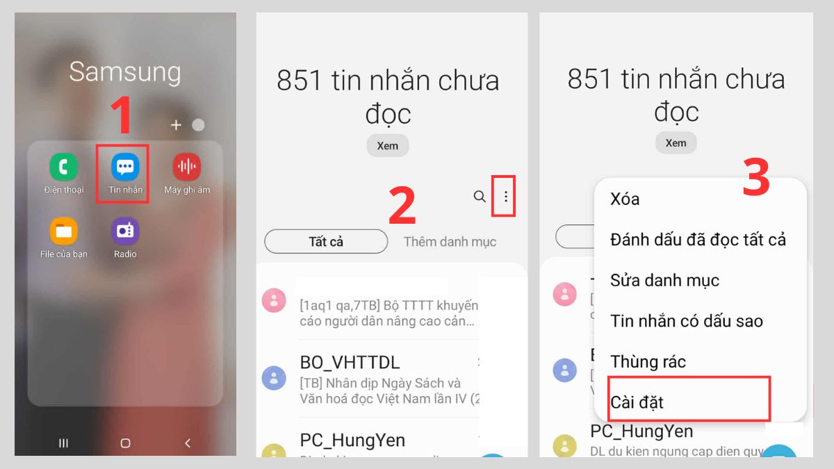 Các bước truy cập cài đặt tin nhắn để tìm cách chặn tin nhắn rác trên samsung.