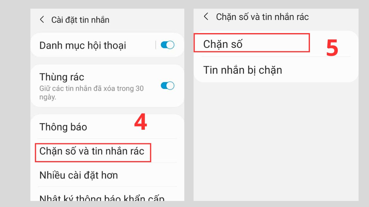 Giao diện mục chặn số và tin nhắn rác trong cách chặn tin nhắn rác trên samsung.