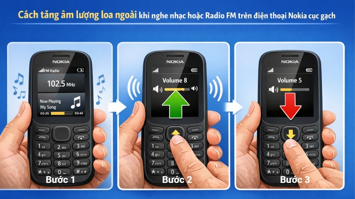 Cách chỉnh âm lượng nokia khi đang nghe Radio FM bằng phím điều hướng.