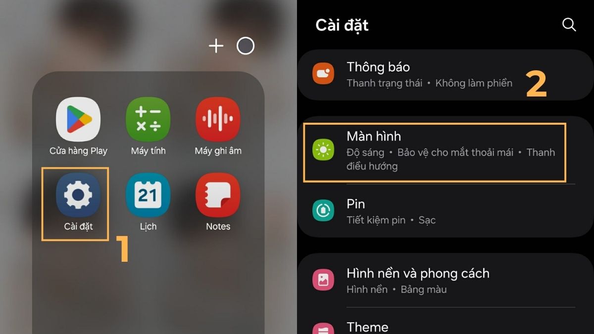 Hướng dẫn mở Cài đặt và chọn Màn hình để tìm cách chỉnh cỡ chữ trên điện thoại Samsung.