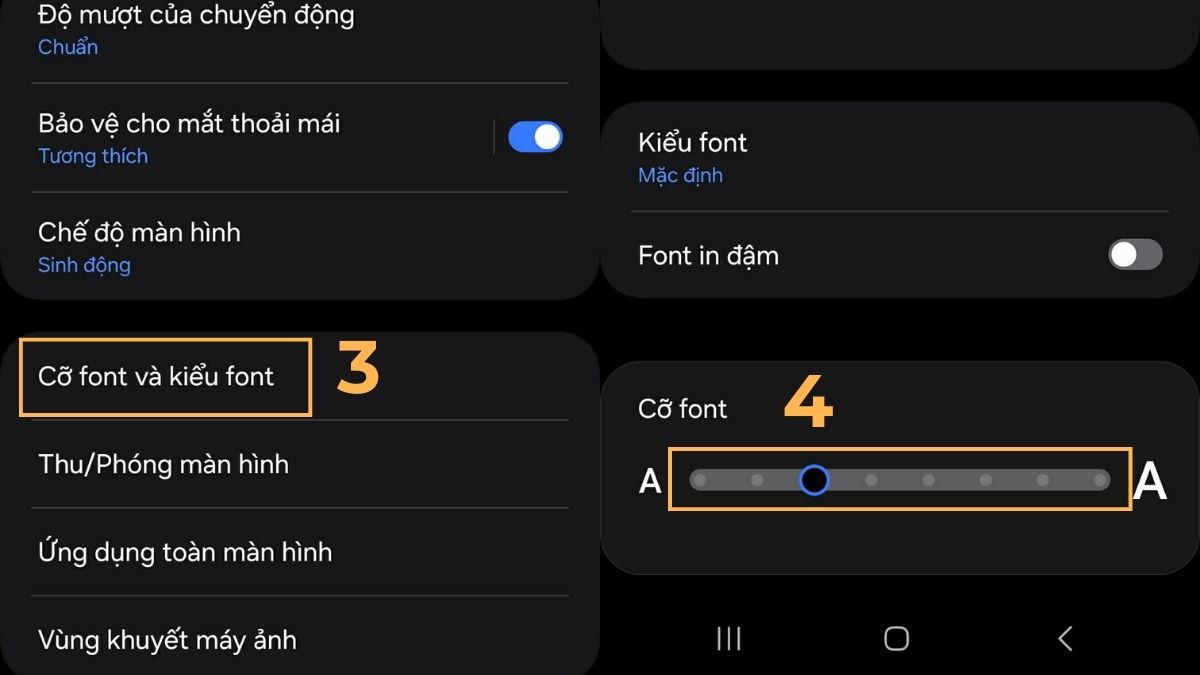 Chọn Cỡ font và kiểu font để thực hiện cách chỉnh cỡ chữ trên điện thoại Samsung dễ dàng.