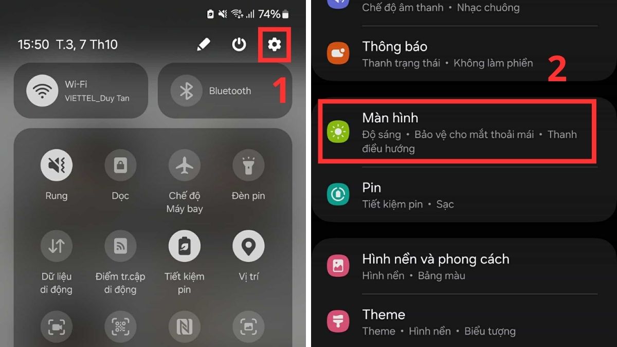 cách chỉnh hz màn hình điện thoại samsung: bước 1 truy cập Cài đặt và bước 2 vào mục Màn hình để bắt đầu thay đổi tần số quét