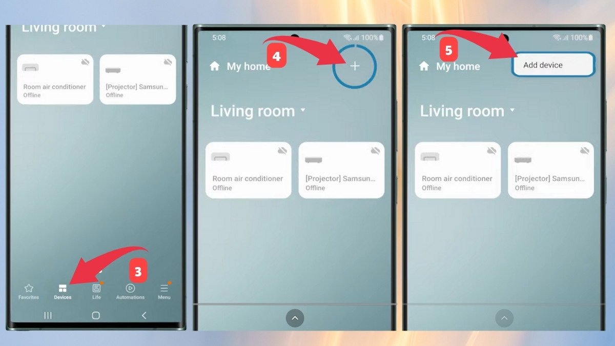 Thêm thiết bị mới vào ứng dụng để thực hiện cách chỉnh âm thanh loa samsung.