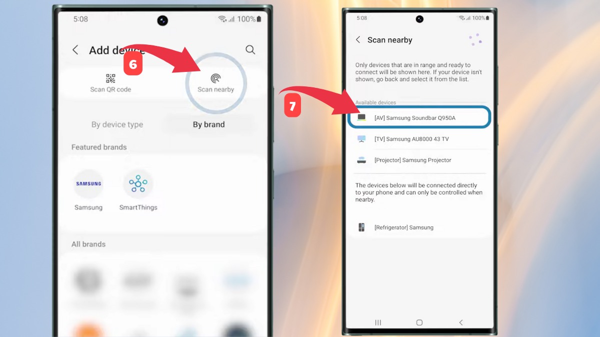 Quét thiết bị xung quanh để kết nối và chỉnh loa thanh samsung qua app.