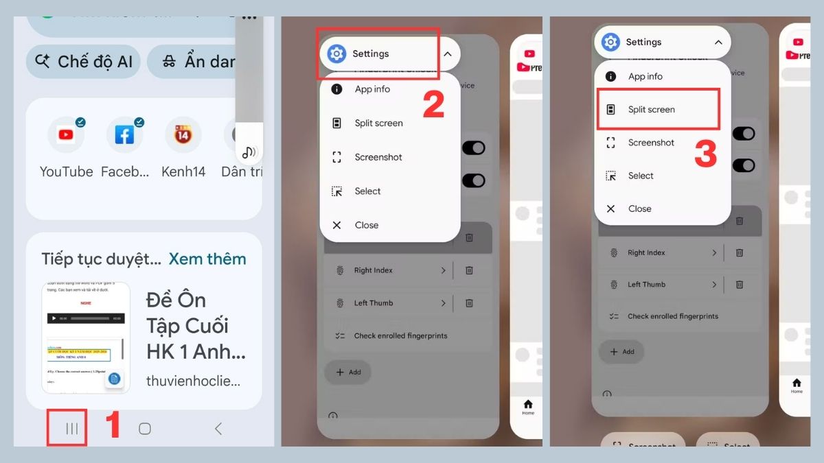 Hướng dẫn chia đôi màn hình Android bằng cách nhấn phím đa nhiệm và chọn Settings.