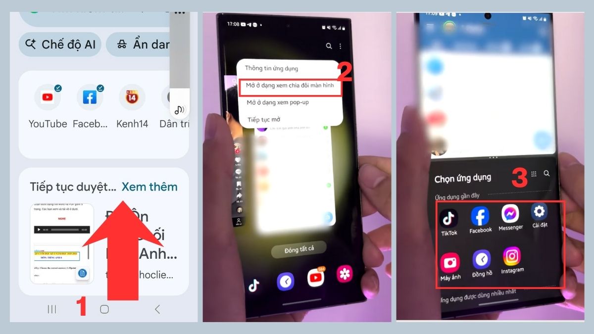 Cách chia đôi màn hình trên Android bằng cử chỉ vuốt và chọn ứng dụng đa nhiệm.