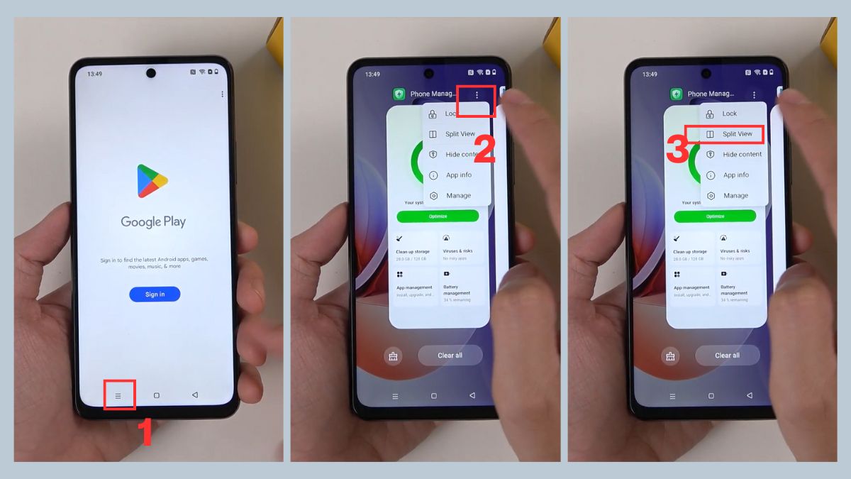 Cách chia đôi màn hình Android trên Realme bằng tùy chọn Split View trong menu ứng dụng.