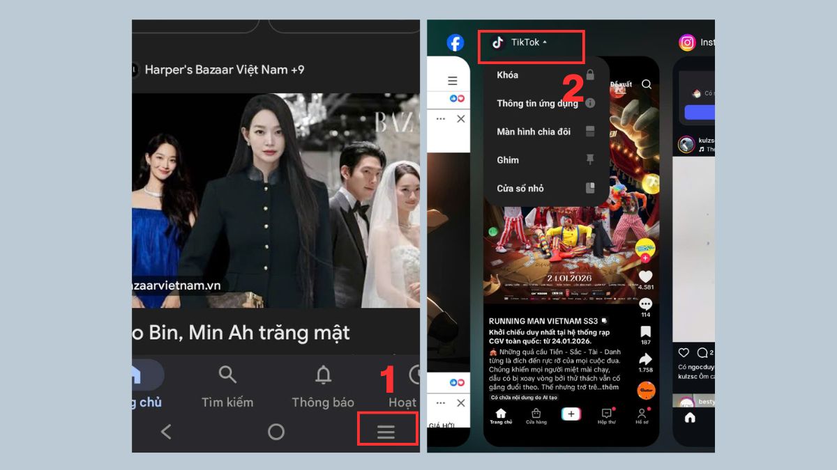 Cách chia đôi màn hình Android trên Vivo bằng phím chức năng 3 gạch ngang.
