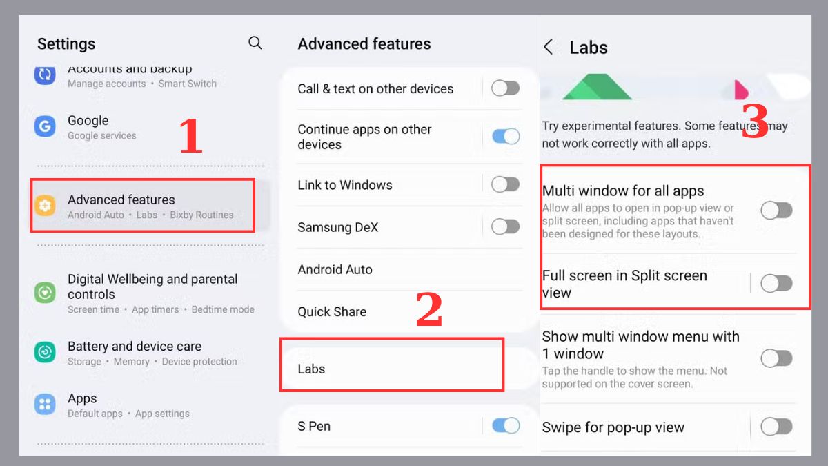Tắt cách chia màn hình samsung bằng cách vào mục Advanced features