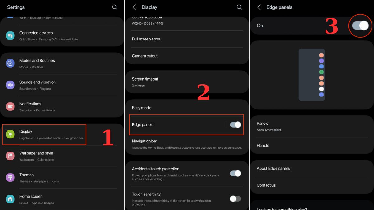 Kích hoạt Edge Panels trong cài đặt để dùng tính năng chia màn hình samsung