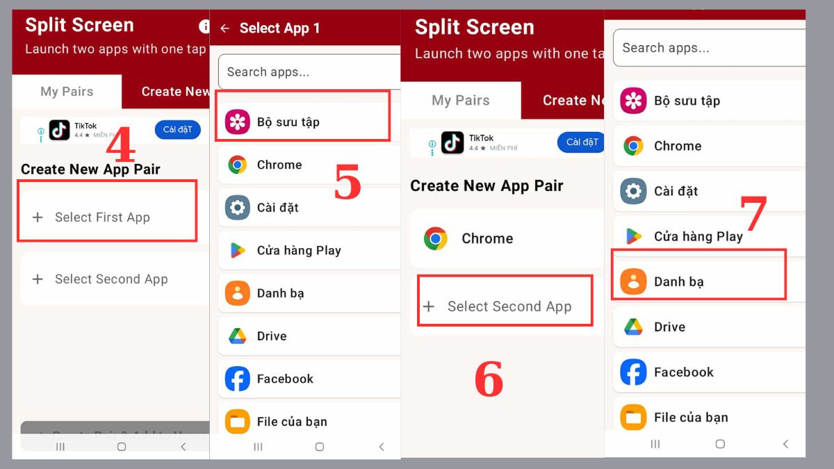 Chọn hai ứng dụng để chia đôi màn hình Samsung trong app Split Screen Shortcut