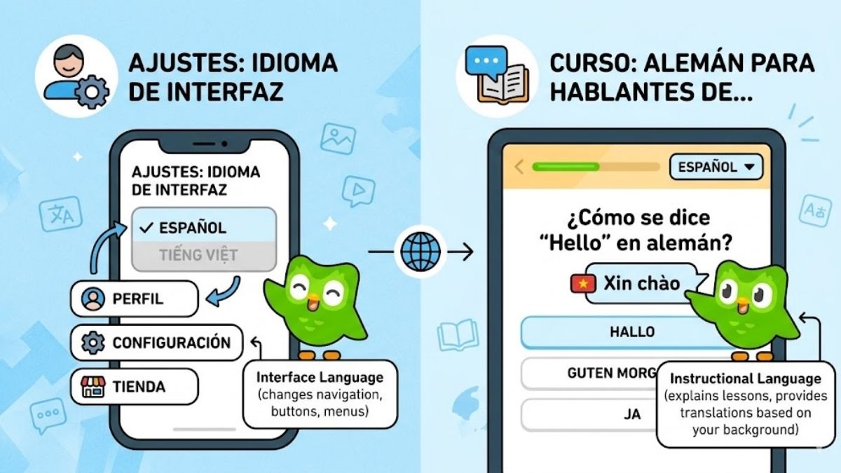 Minh họa cách chuyển Duolingo sang tiếng Việt đồng bộ trên điện thoại và máy tính.