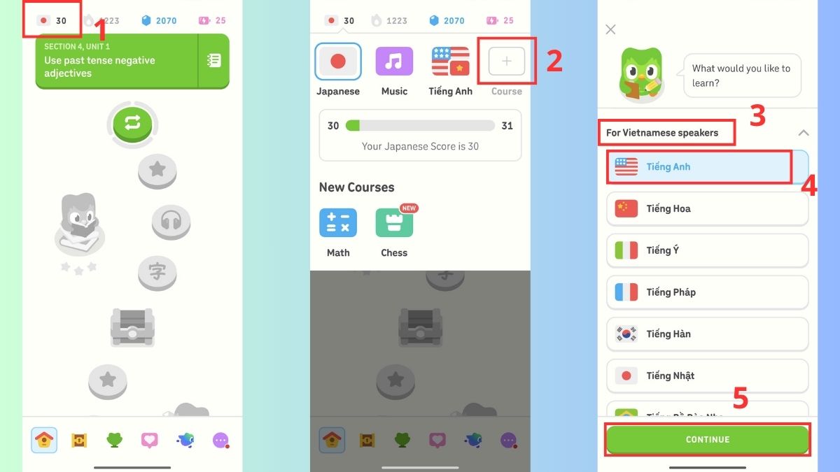 So sánh giao diện khi thực hiện cách chuyển Duolingo sang tiếng Việt và tiếng Anh.