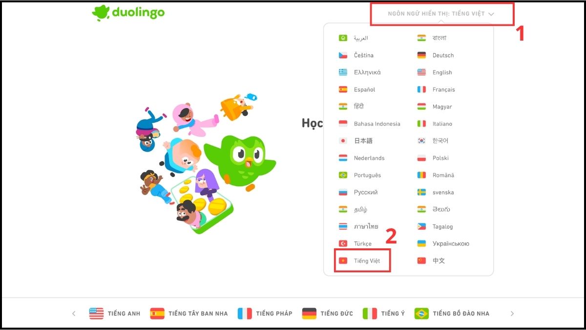 Giải thích cơ chế ngôn ngữ giao diện trong cách chuyển Duolingo sang tiếng Việt.