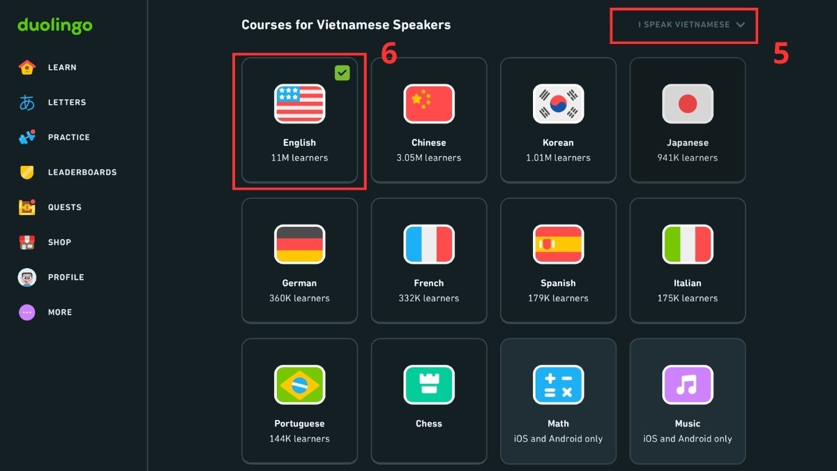 Lựa chọn ngôn ngữ hiển thị để thực hiện cách chuyển Duolingo sang tiếng Việt trên web.