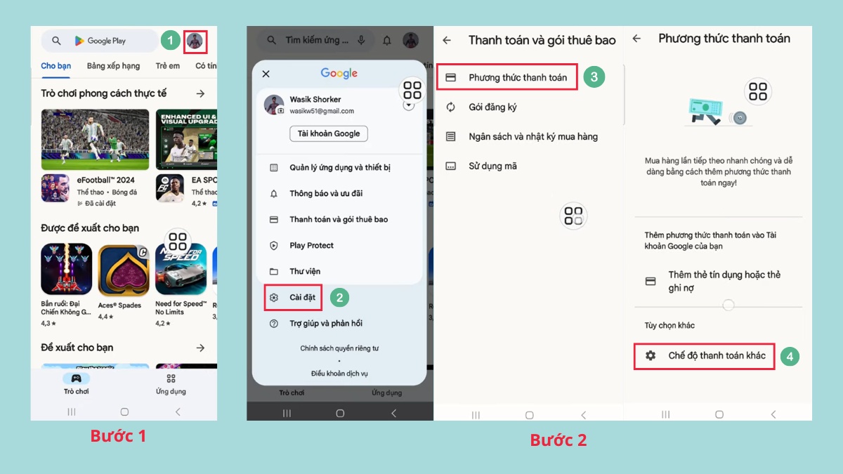 hướng dẫn cách đổi quốc gia trên Google Play: vào Cài đặt để tìm phương thức thanh toán