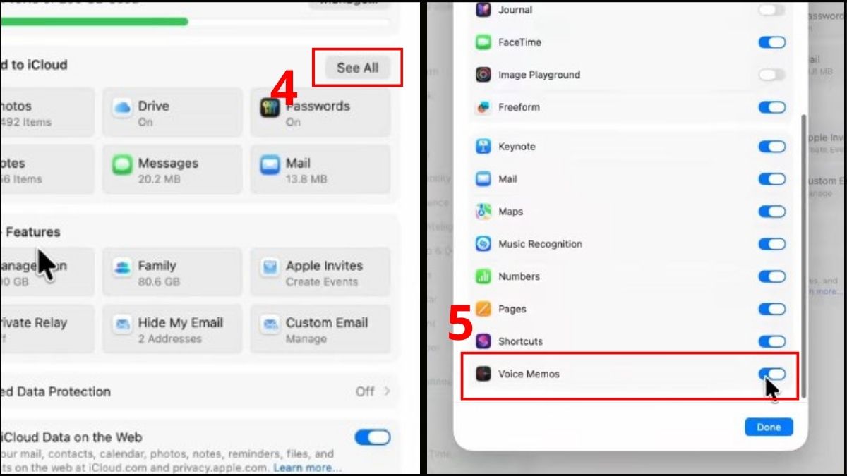 Kích hoạt đồng bộ hóa ghi âm apple watch trên máy tính Mac thông qua thiết lập tài khoản iCloud.