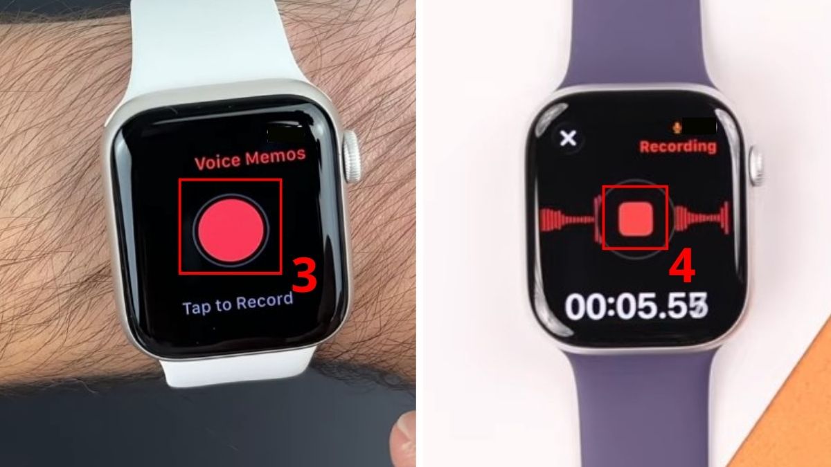 Chạm vào nút tròn đỏ để thực hiện ghi âm trên Apple Watch bằng ứng dụng Voice Memos.