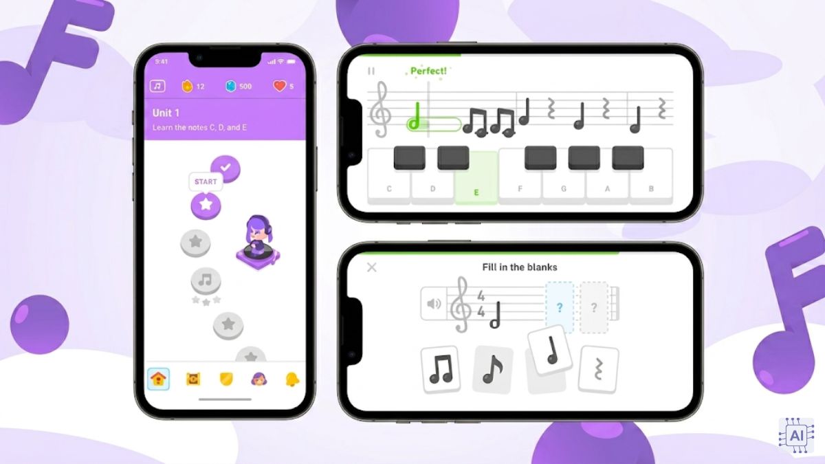Nhân vật hoạt hình minh họa cách học âm nhạc trên duolingo vui nhộn và trực quan.