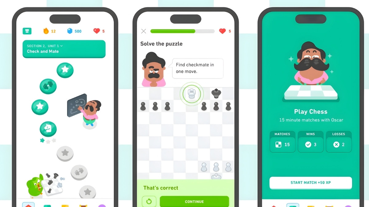 Tổng quan giao diện cách học cờ vua trên Duolingo Chess theo phong cách vừa học vừa chơi.