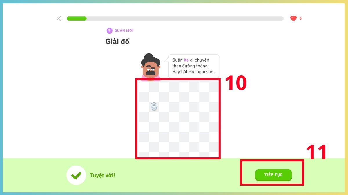 Bài tập di chuyển quân Xe khi thực hiện cách học cờ vua trên Duolingo trên máy tính.