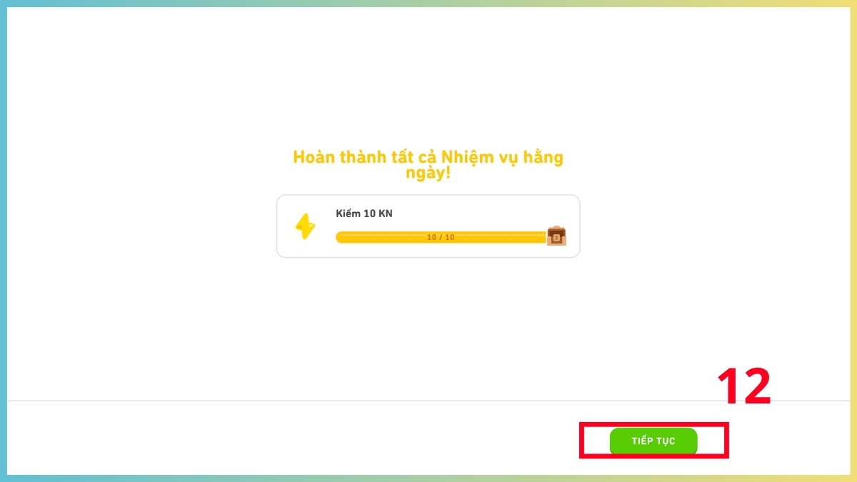 Xác nhận hoàn thành nhiệm vụ và nhấn tiếp tục lộ trình cách học cờ vua trên Duolingo Chess.