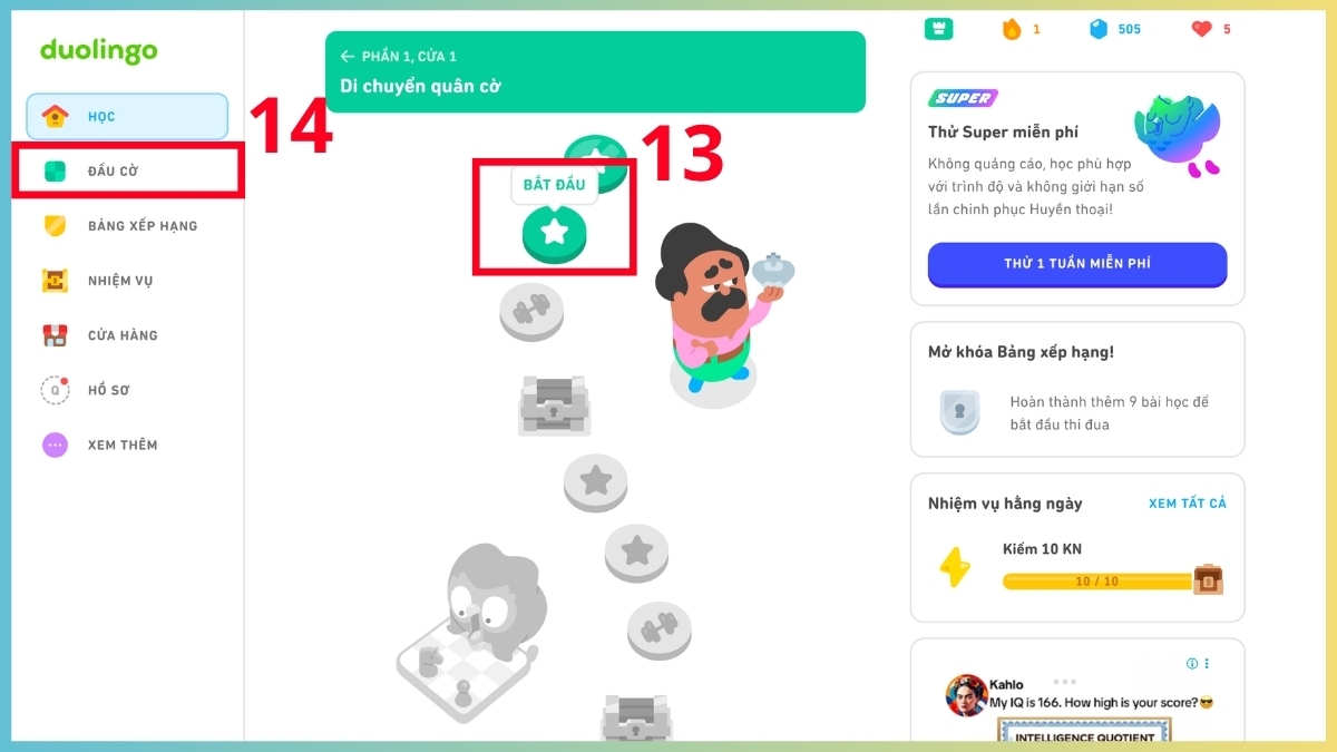 Mục Đấu cờ và lộ trình luyện tập kỹ năng trong cách học cờ vua trên duolingo trên máy tính.