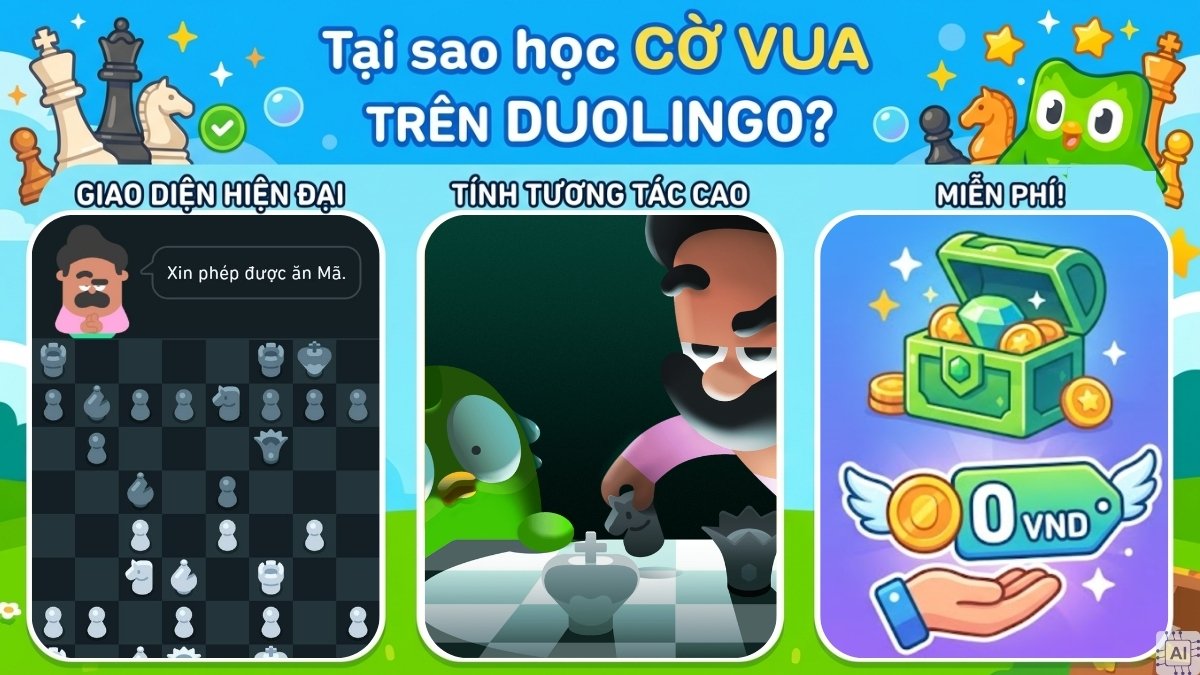 Infographic liệt kê ưu điểm về giao diện và tính miễn phí khi chơi cờ vua với duolingo.
