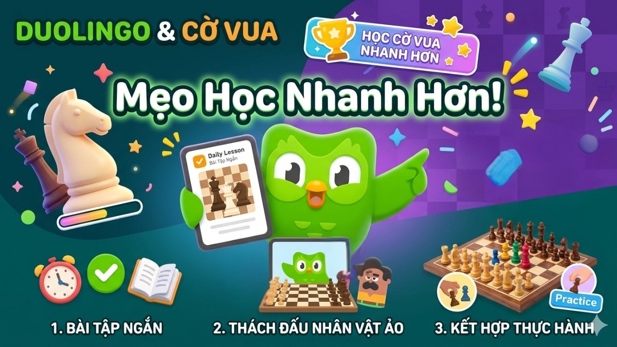 Các mẹo thực hành bài tập ngắn để tối ưu cách học cờ vua trên duolingo chess nhanh hơn.