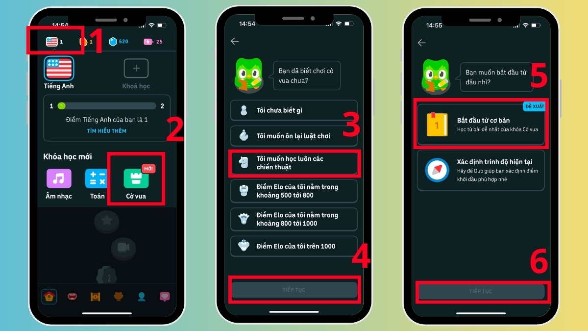 Hướng dẫn cách học cờ vua trên Duolingo trên điện thoại qua các bước chọn khóa học.