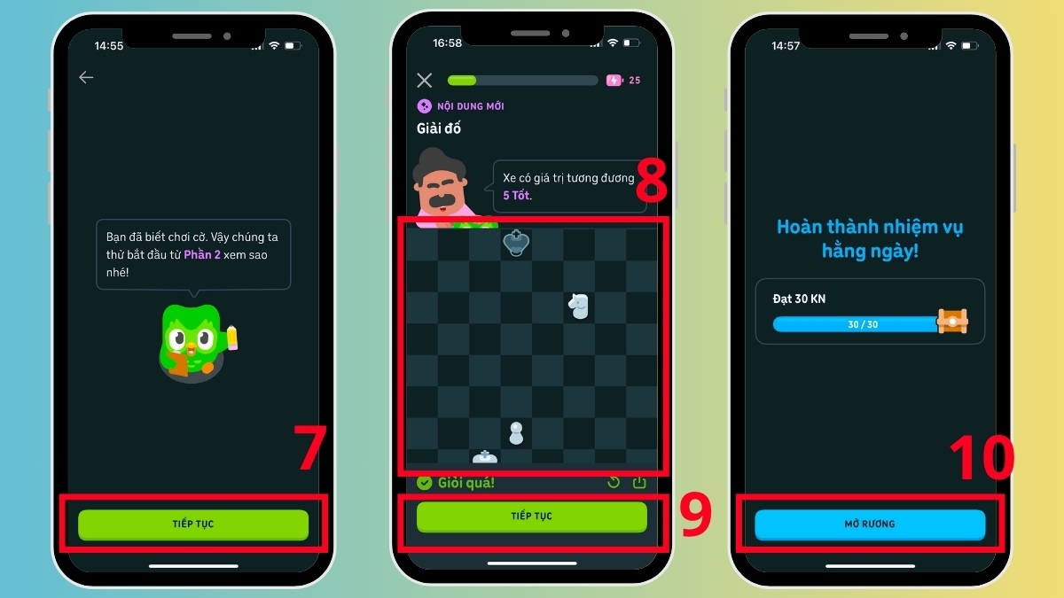 Hoàn thành nhiệm vụ giải đố và mở rương khi khám phá cách học cờ vua trên Duolingo Chess.