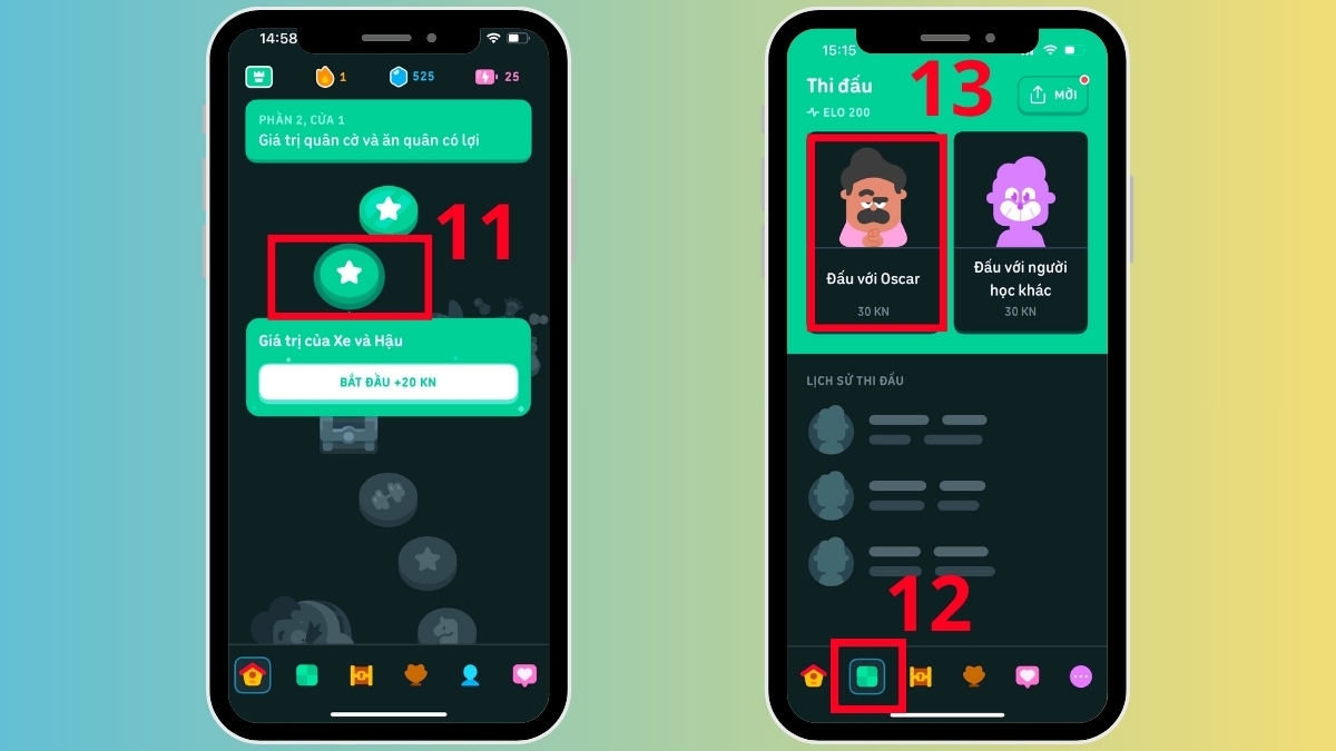 Tính năng thi đấu với nhân vật Oscar giúp bạn chơi cờ vua với Duolingo hiệu quả hơn.