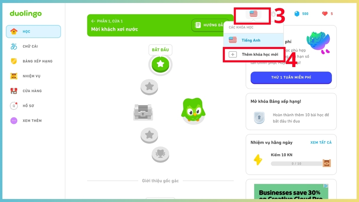 Các bước thêm khóa học mới để duolingo chơi cờ vua ngay trên trình duyệt web.