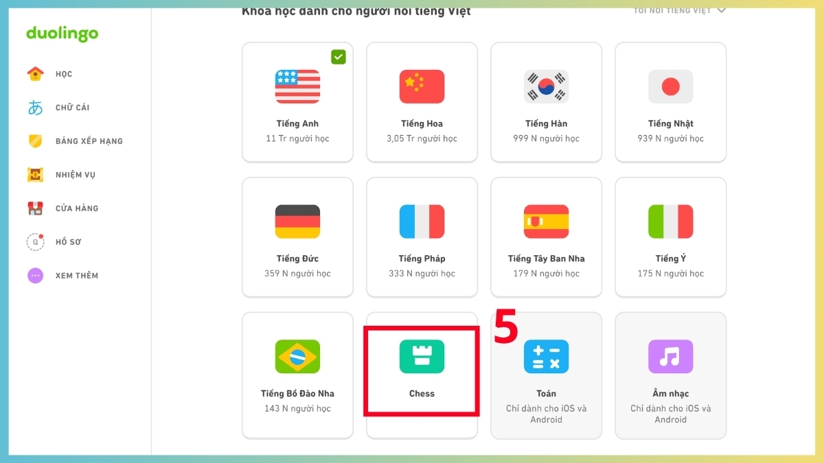 Tìm và chọn khóa học Chess trong danh mục cách học cờ vua trên Duolingo Chess.
