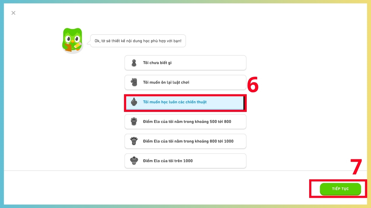 Thiết lập trình độ chiến thuật phù hợp để tối ưu cách học cờ vua trên Duolingo Chess.