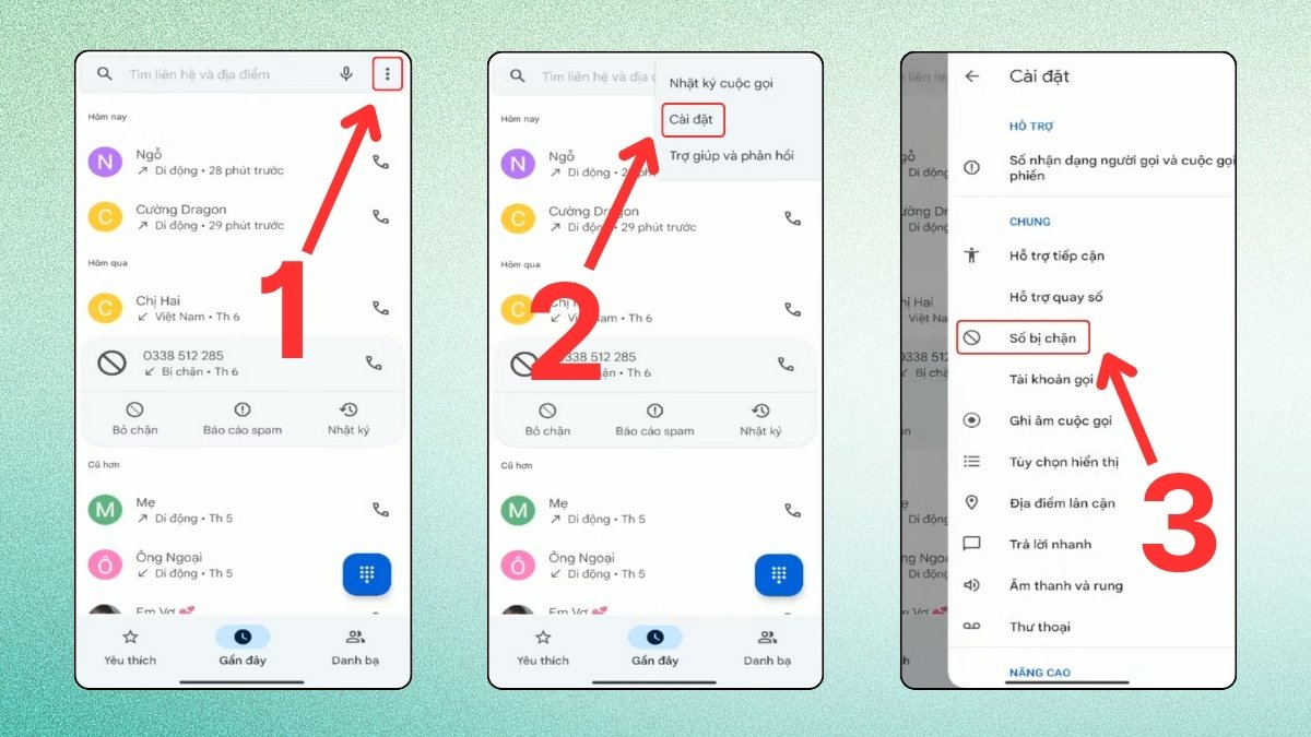 Ảnh các bước truy cập Cài đặt trong ứng dụng Danh bạ của OPPO, rồi chọn mục Số bị chặn để xem và gỡ bỏ, một quy trình quản lý hệ thống tương tự như ghi âm cuộc gọi trên oppo.