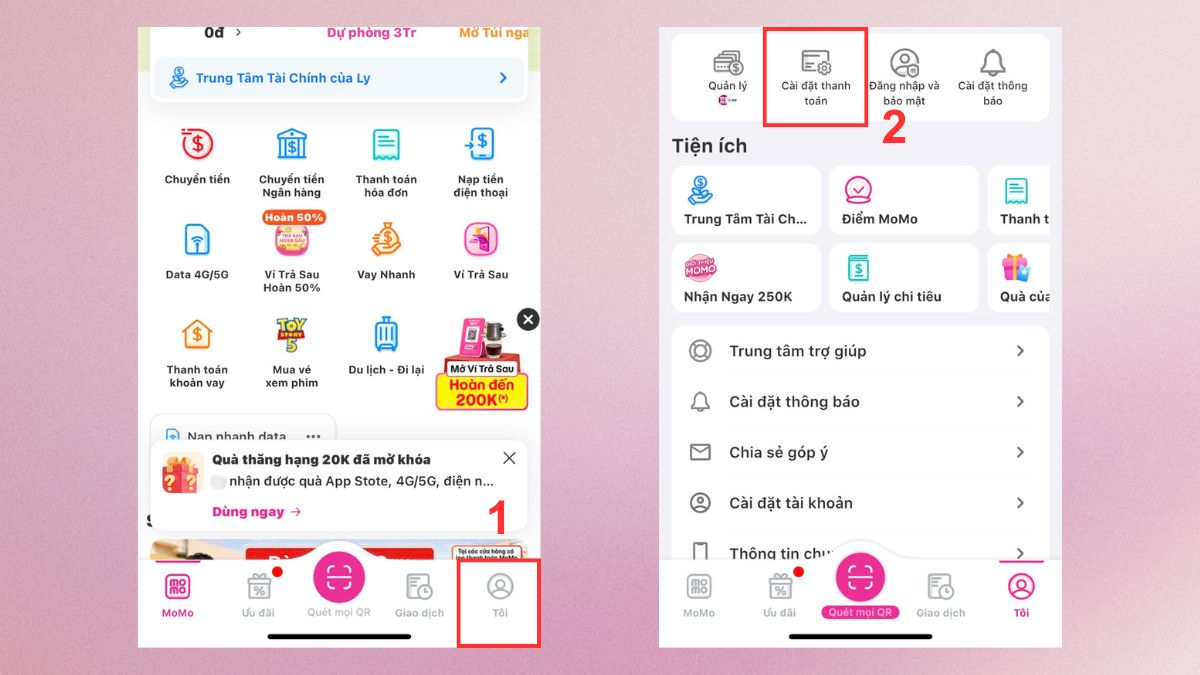 Mở Cài đặt thanh toán trong cách hủy thanh toán apple service trên momo.