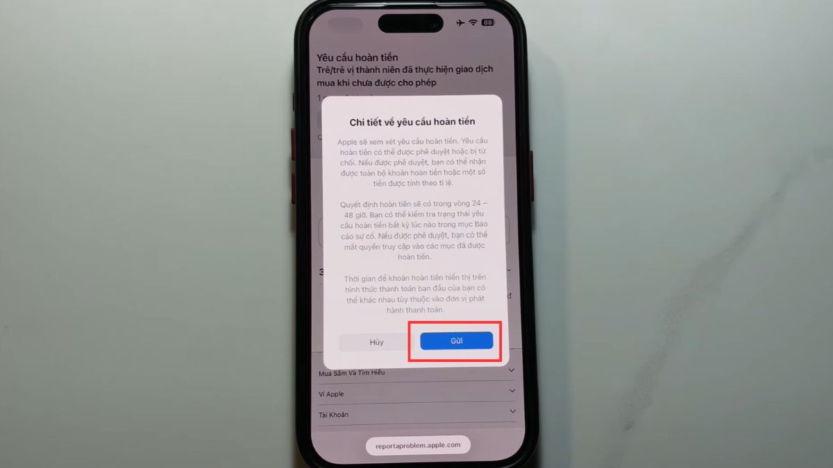 Nhấn nút Gửi hoàn phí trong cách hủy thanh toán apple service trên momo.