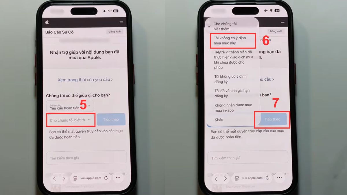 Chọn lý do hoàn tiền theo cách hủy thanh toán apple service trên momo.