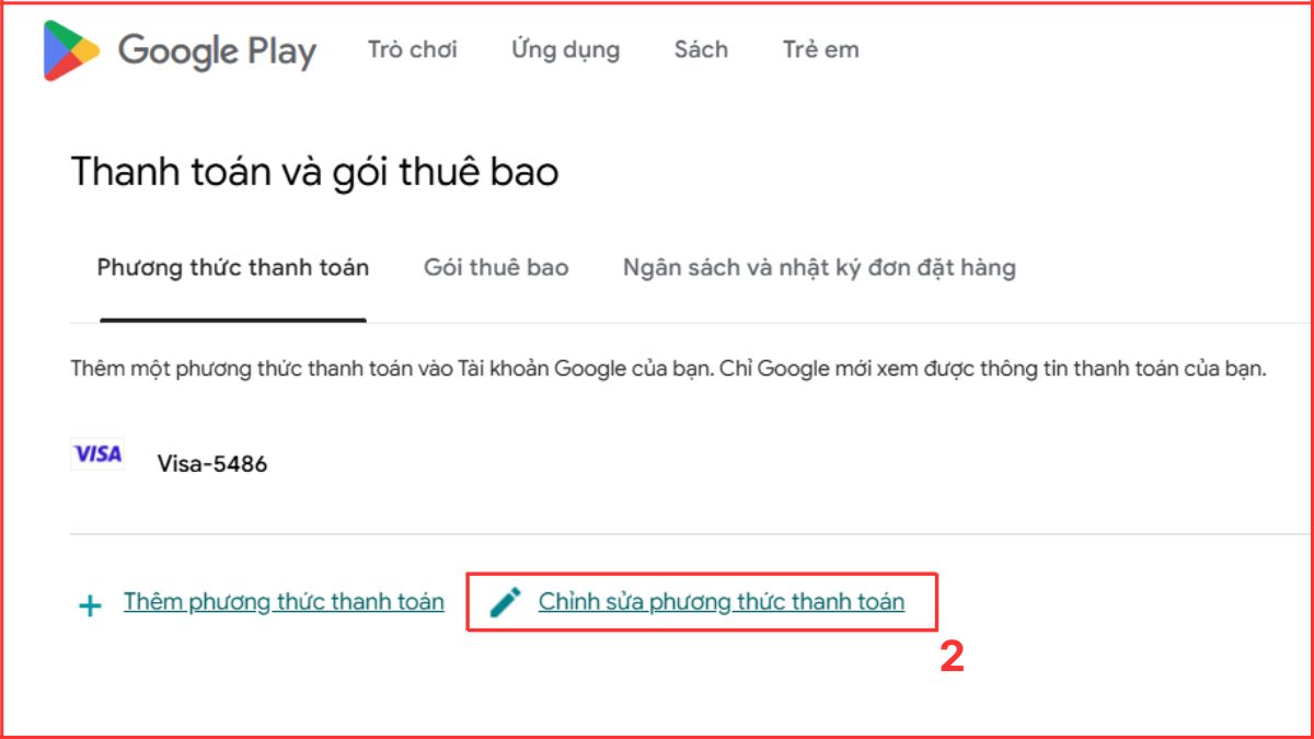 quản lý phương thức thanh toán chọn chỉnh sửa để thay đổi