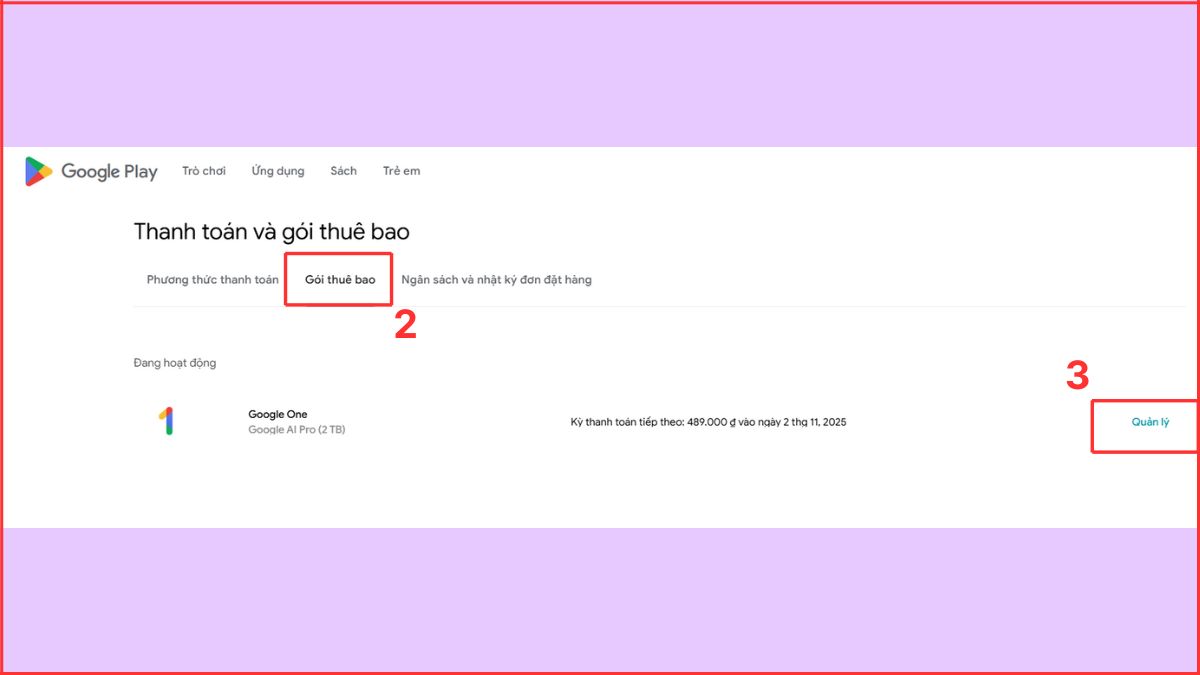 hướng dẫn cách hủy gói thanh toán trên google play chọn gói đăng ký