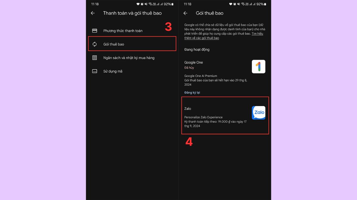 quản lý gói thuê bao Zalo chi tiết cách hủy gói thanh toán trên google play