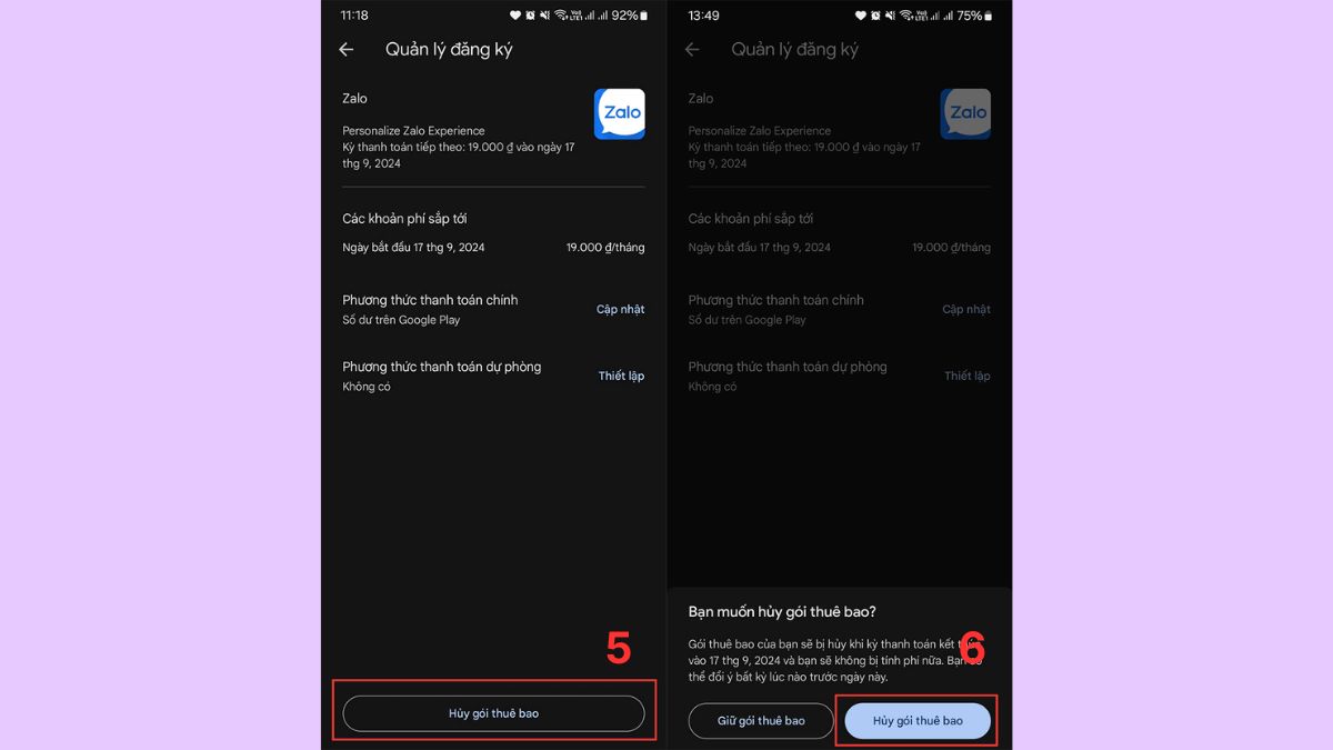 cách hủy gói đăng ký trên google play điện thoại xác nhận hủy