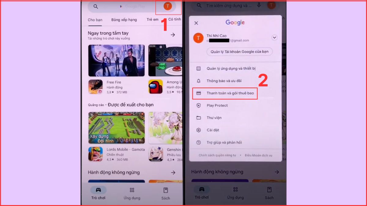 quản lý phương thức thanh toán google play mở mục tài khoản
