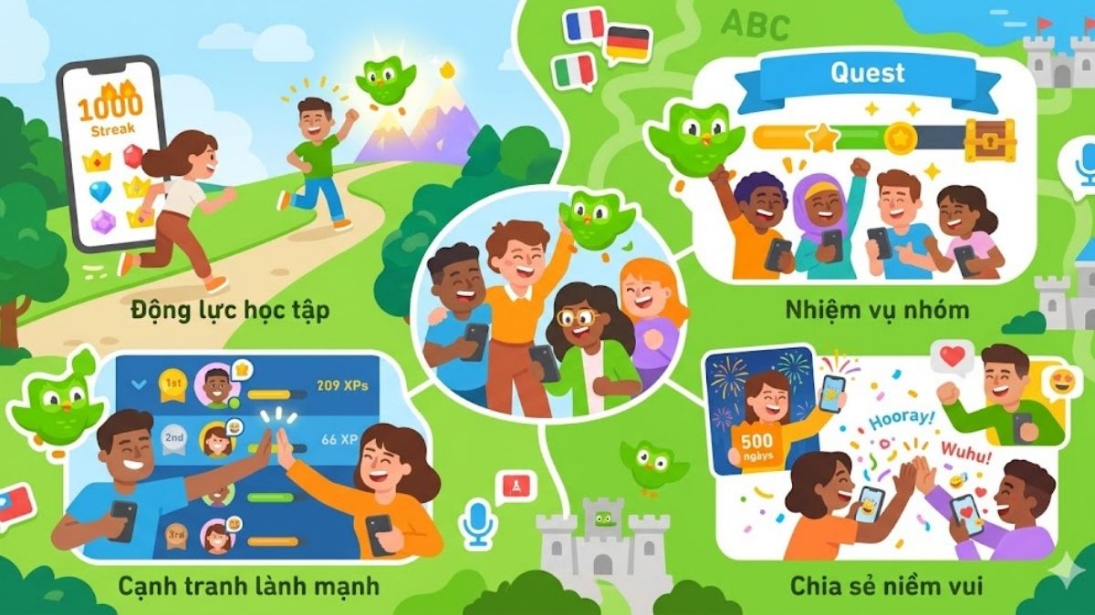 Minh họa lợi ích từ cách kết bạn trên duolingo giúp tăng động lực học tập.