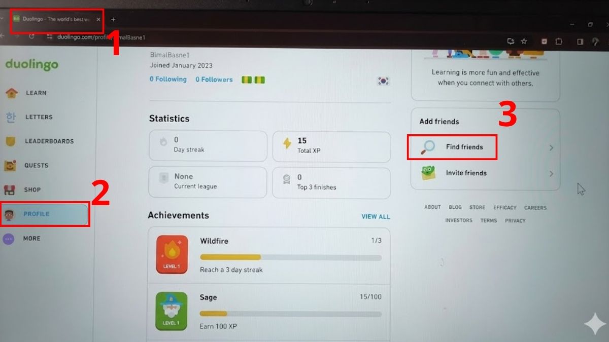 Giao diện cách kết bạn trên duolingo trên máy tính qua trang web chính thức.