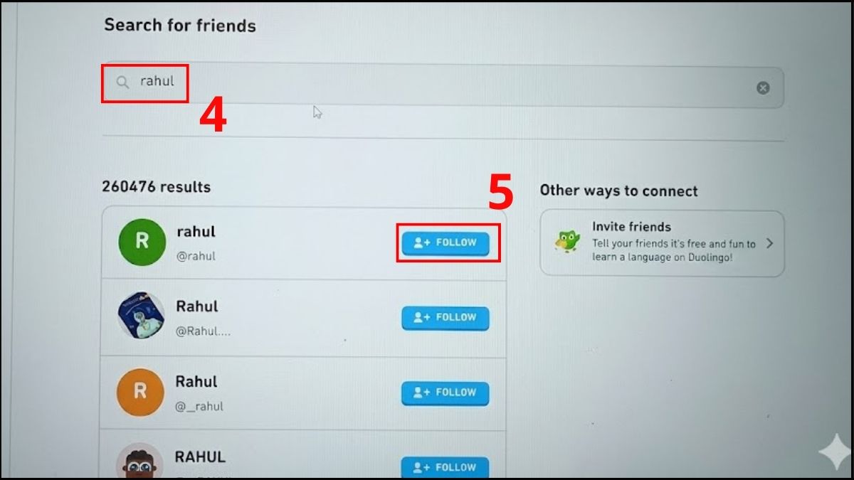 Nhập tên người dùng để thực hiện cách kết bạn trên duolingo trên máy tính.